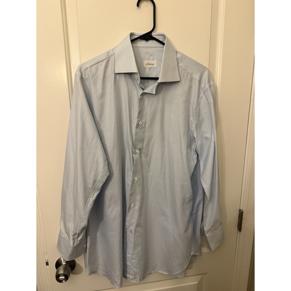 Brioni Men's Dress Shirt Blue/White Striped Silk Cotton Long Sleeve Button Up - Picture 3 of 16